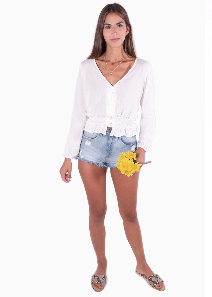 Blusa manga larga con botones y resorte para mujer - Flashy