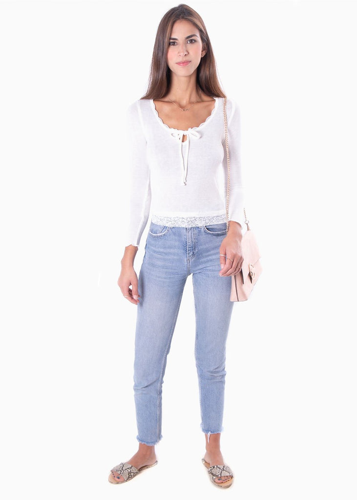Blusa manga larga con cinta y encaje en escote para mujer - Flashy