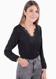Blusa manga larga con escote de encaje para mujer - Flashy