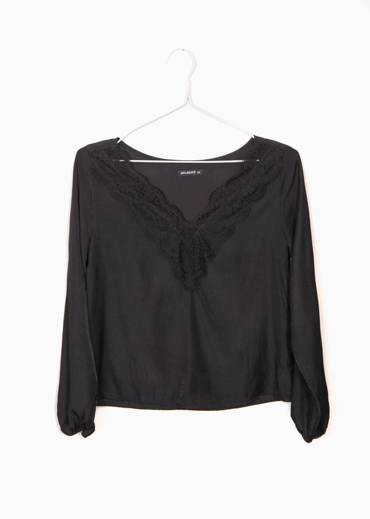 Blusa manga larga con escote de encaje para mujer - Flashy