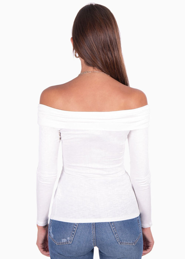 Blusa manga larga con escote off shoulder cruzado color blanco para mujer - Flashy