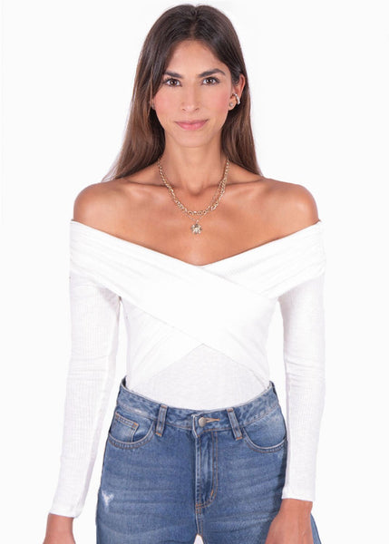 Blusa manga larga con escote off shoulder cruzado color blanco para mujer - Flashy