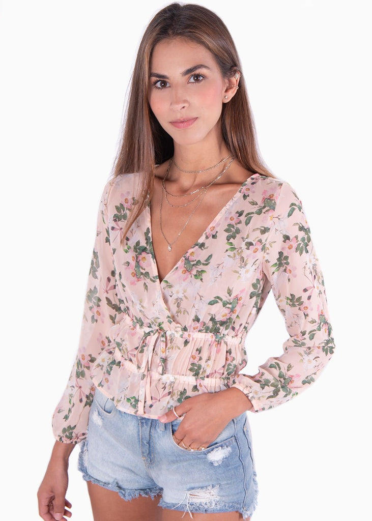 Blusa manga larga con estampado de flores y escote cruzado para mujer - Flashy