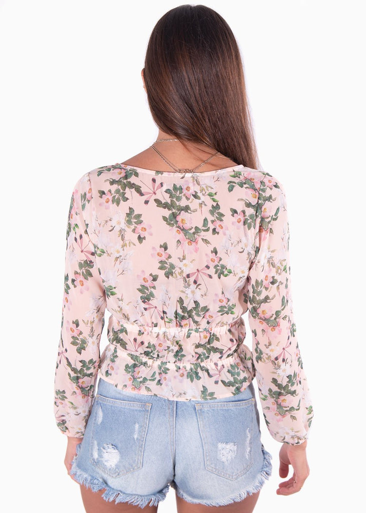 Blusa manga larga con estampado de flores y escote cruzado para mujer - Flashy