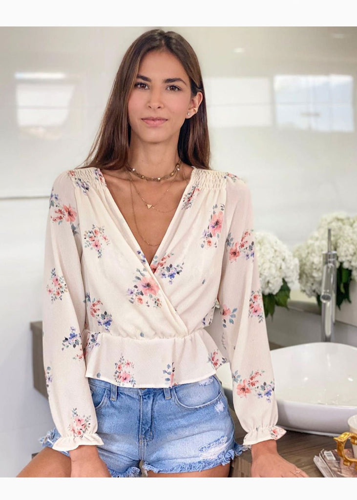 Blusa manga larga con estampado de flores y escote cruzado para mujer - Flashy