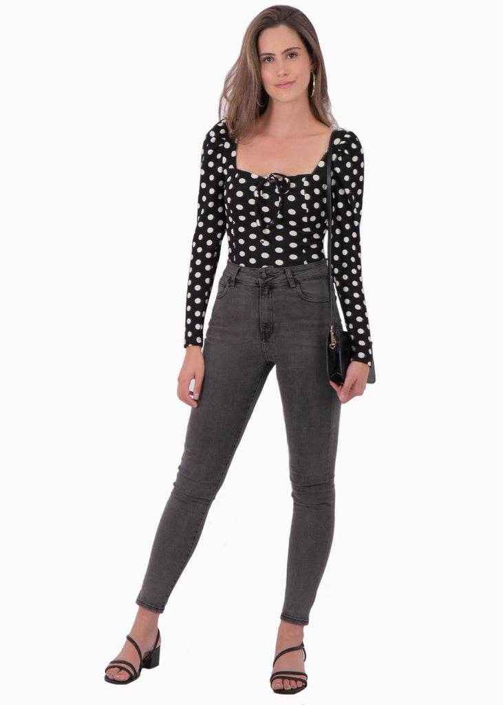 Blusa manga larga con estampado de puntos y escote cuadrado para mujer - Flashy