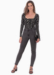 Blusa manga larga con estampado de puntos y escote cuadrado para mujer - Flashy