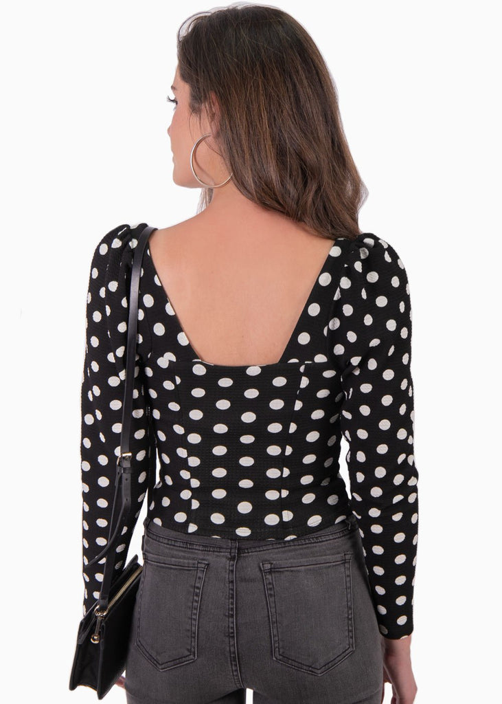 Blusa manga larga con estampado de puntos y escote cuadrado para mujer - Flashy