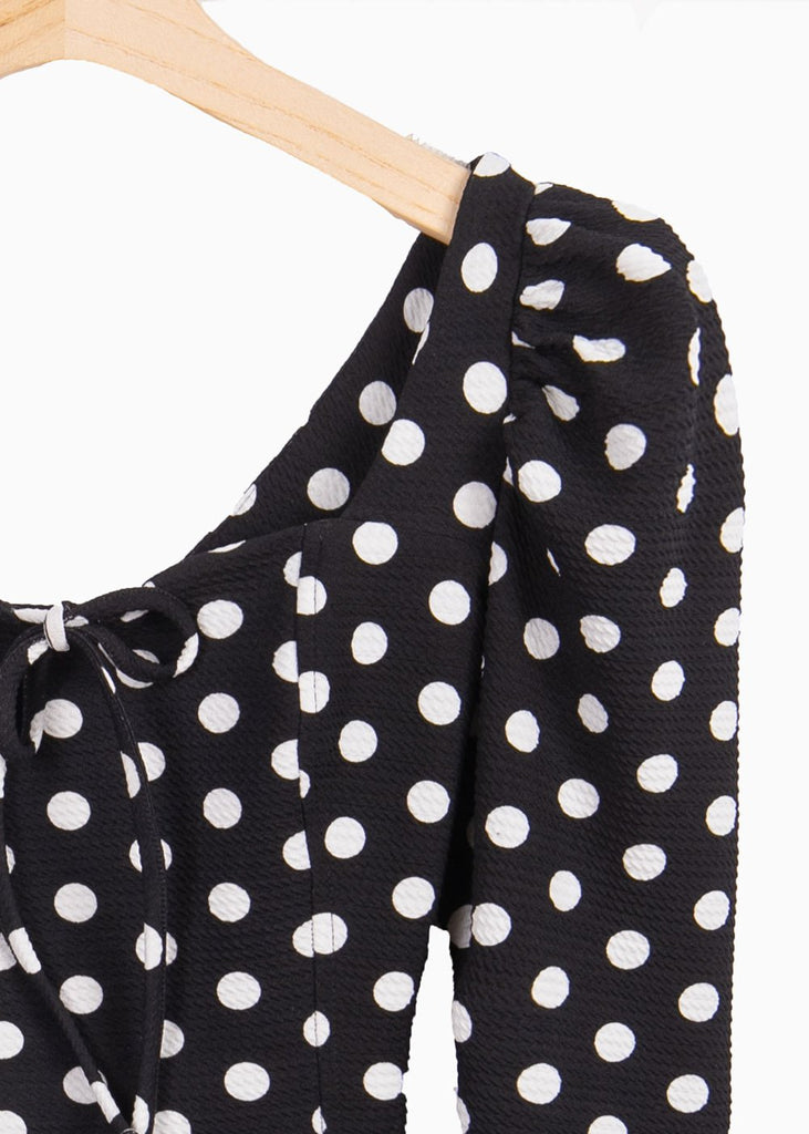 Blusa manga larga con estampado de puntos y escote cuadrado para mujer - Flashy