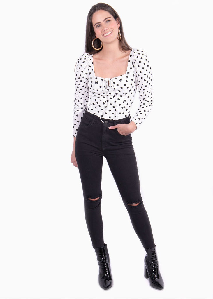 Blusa manga larga con estampado de puntos y escote cuadrado para mujer - Flashy