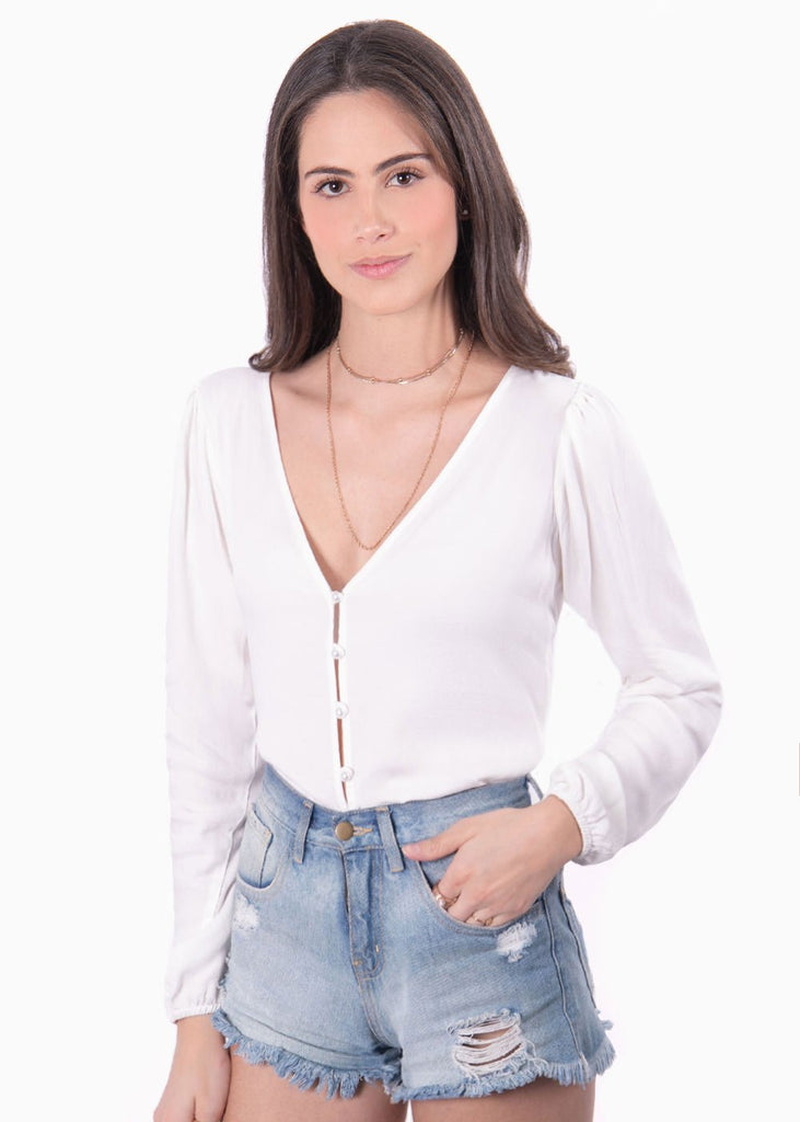 Blusa manga larga con perlas para mujer - Flashy