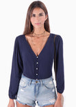 Blusa manga larga con perlas para mujer - Flashy