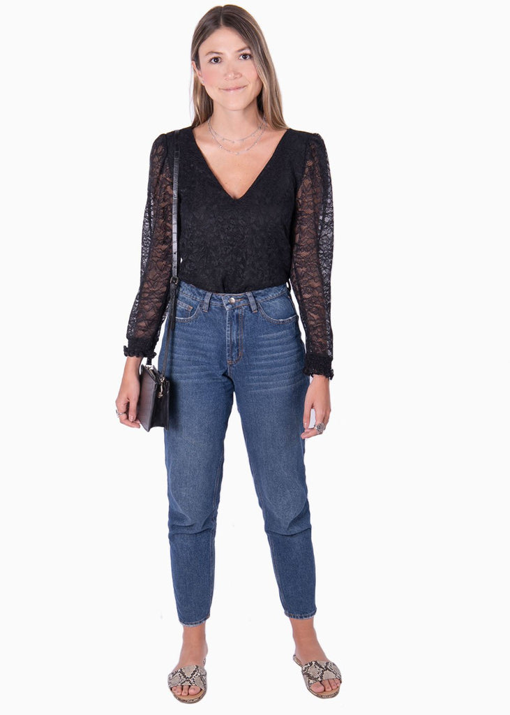 Blusa manga larga con tela de encaje para mujer - Flashy