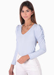 Blusa manga larga, escote en v y recogido en hombros para mujer - Flashy