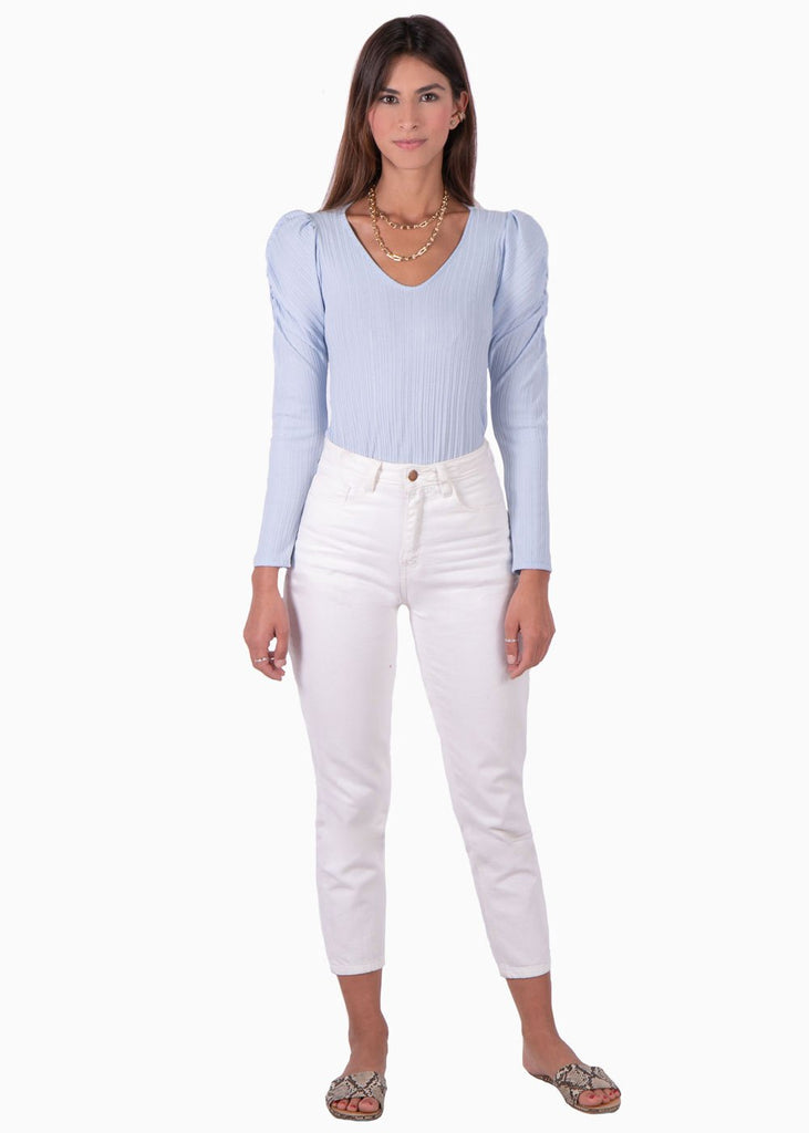 Blusa manga larga, escote en v y recogido en hombros para mujer - Flashy