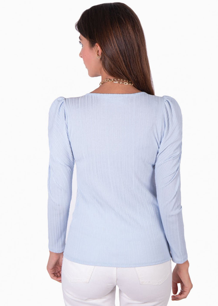 Blusa manga larga, escote en v y recogido en hombros para mujer - Flashy