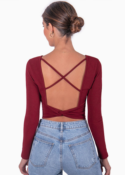 Crop top manga larga con espalda descubierta color vino para mujer - Flashy