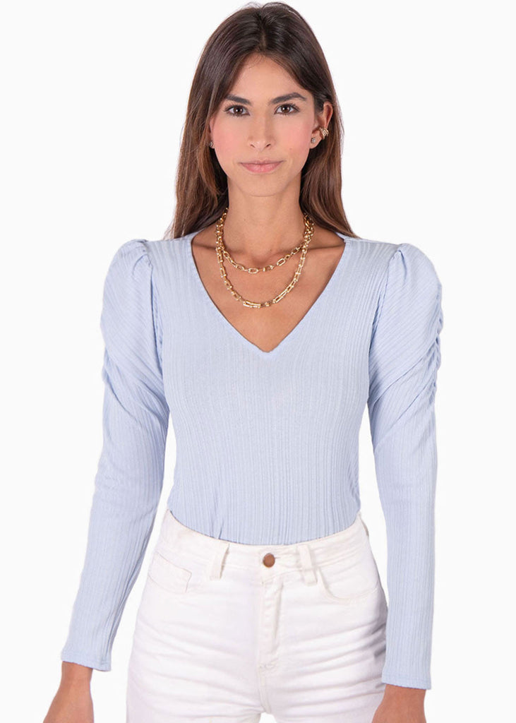 Blusa manga larga, escote en v y recogido en hombros para mujer - Flashy
