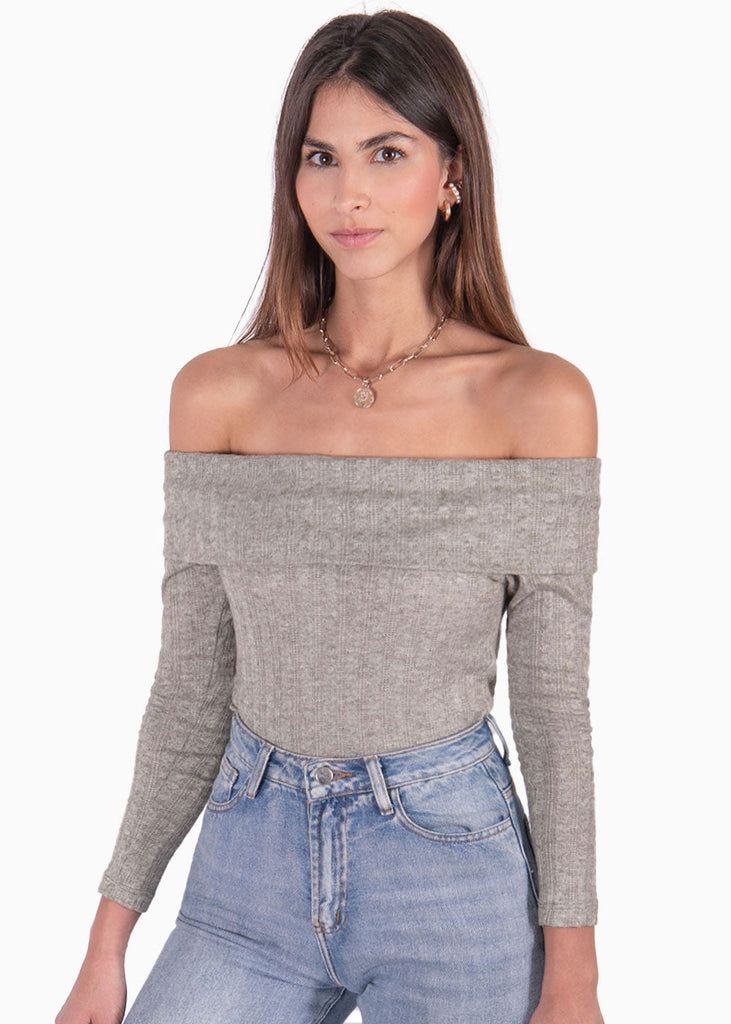 Blusa off shoulder manga larga color gris para mujer - Flashy