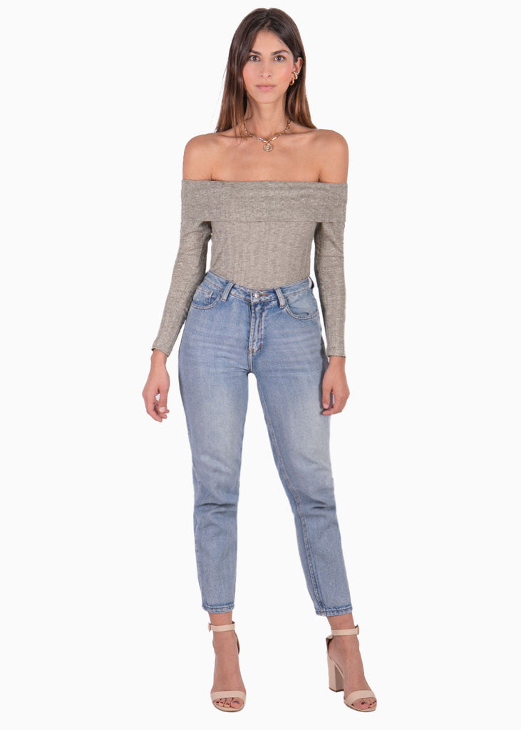 Blusa off shoulder manga larga color gris para mujer - Flashy