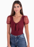 Body con escote anudado y mangas en organza para mujer - Flashy