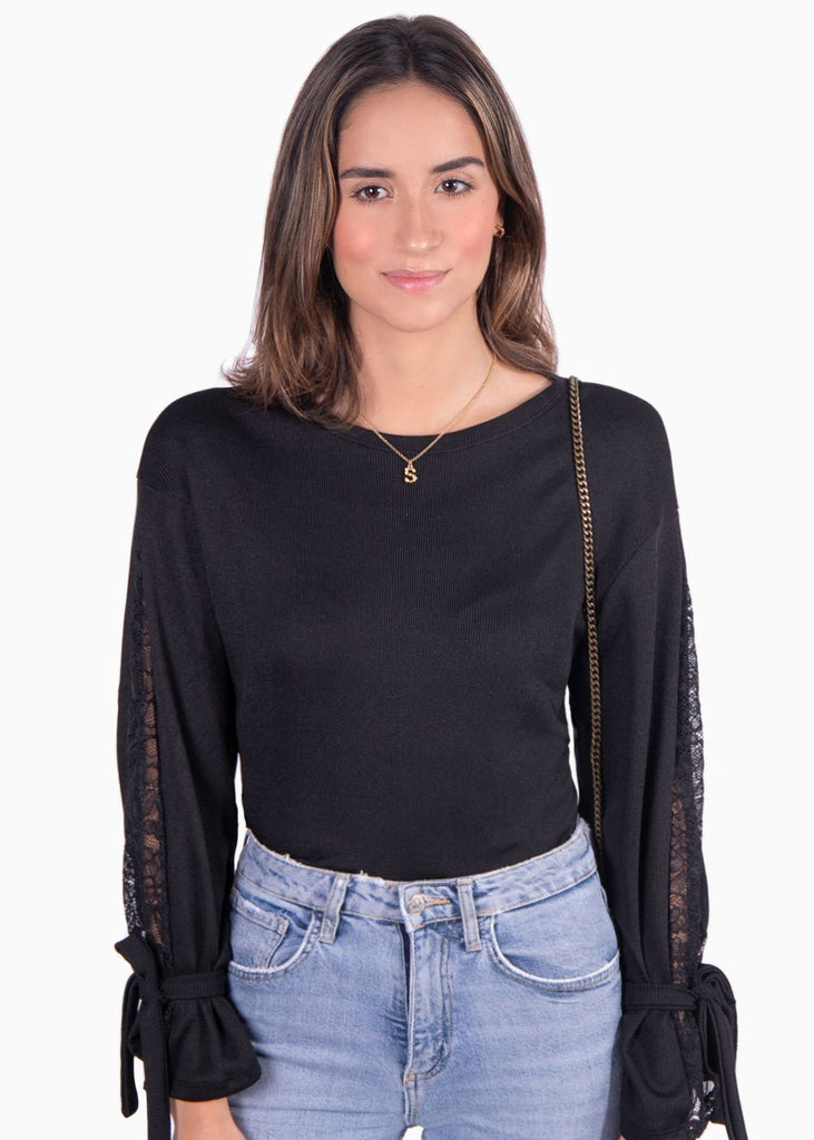 Buso con encaje en mangas y anudados para mujer - Flashy