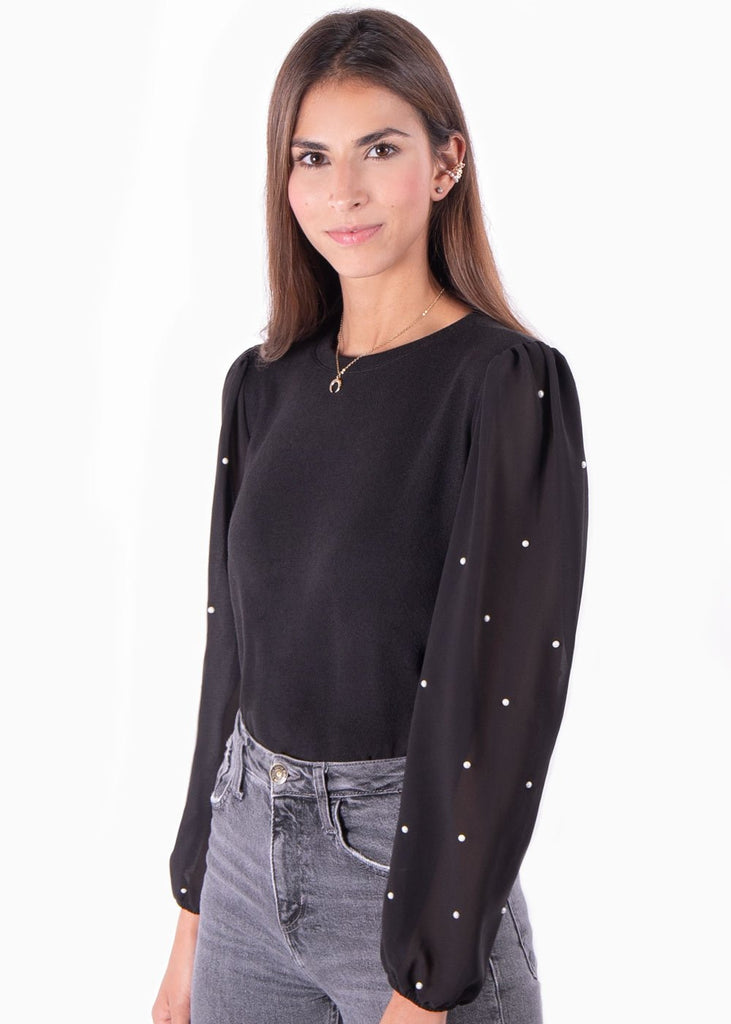 Buso con mangas en chifón con apliques de perlas para mujer - Flashy