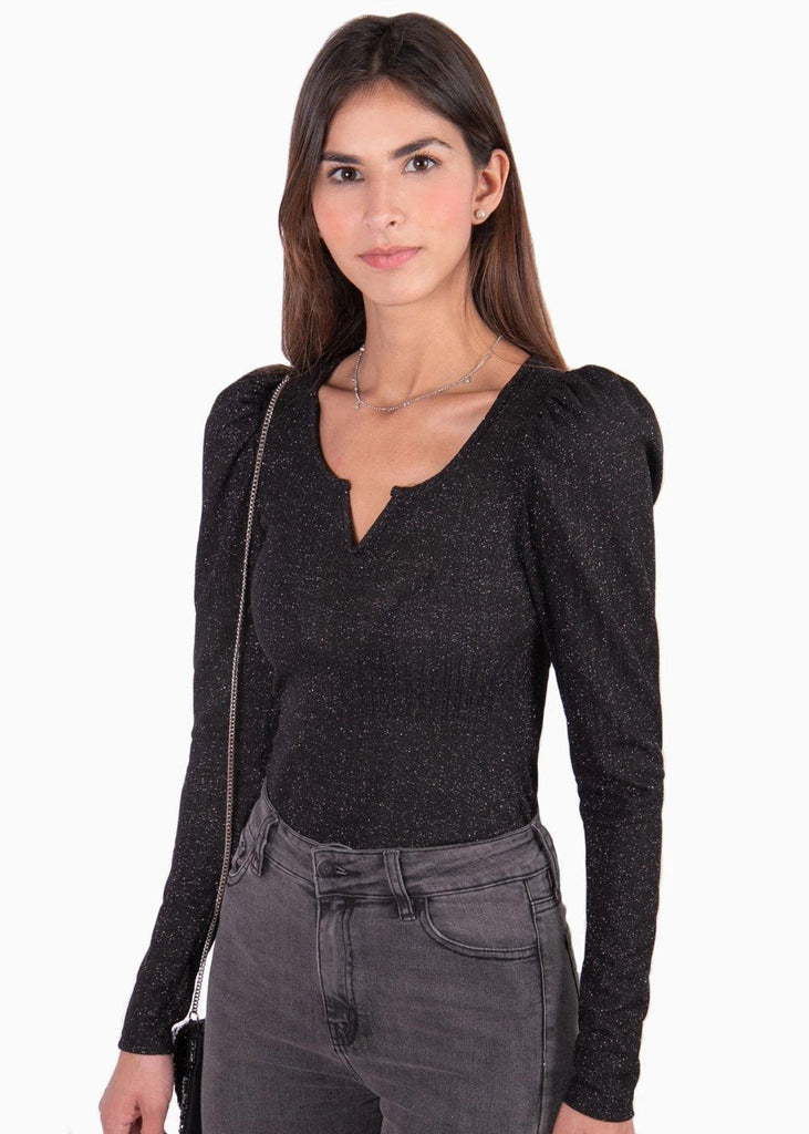Buzo manga larga, escote en v y recogido en hombros para mujer - Flashy