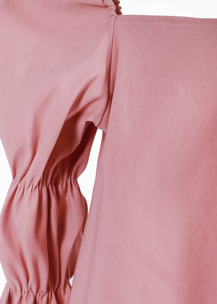 Blusa manga larga con escote cuadrado y recogidos en mangas color rosado para mujer - Flashy