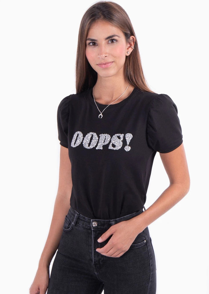 Camiseta con aplique "Oops" para mujer - Flashy