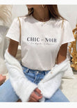 Camiseta con estampado "Chic and Noir" y cadenas para mujer - Flashy