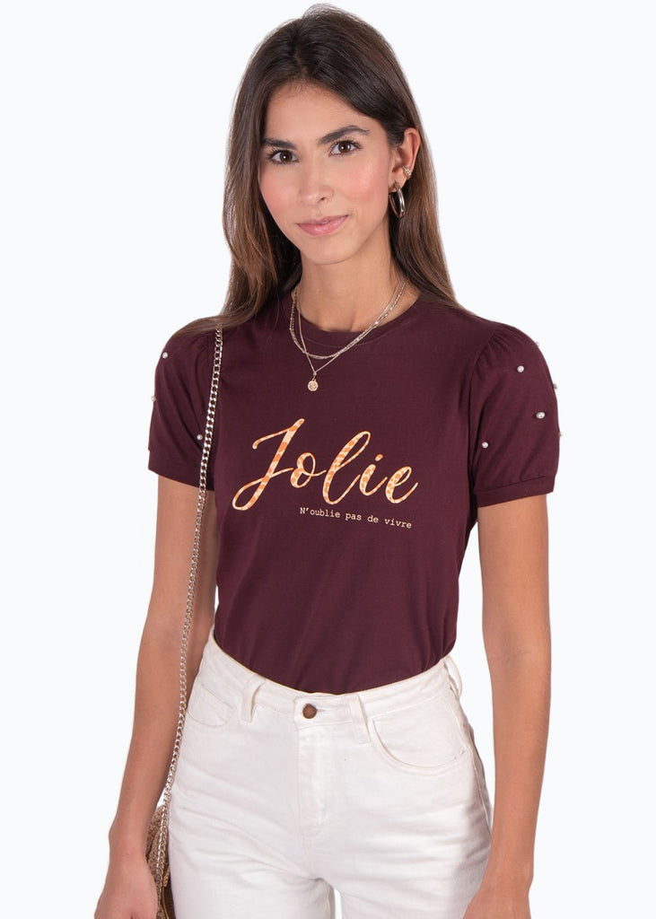 Camiseta con estampado de animal print y perlas en mangas para mujer - Flashy