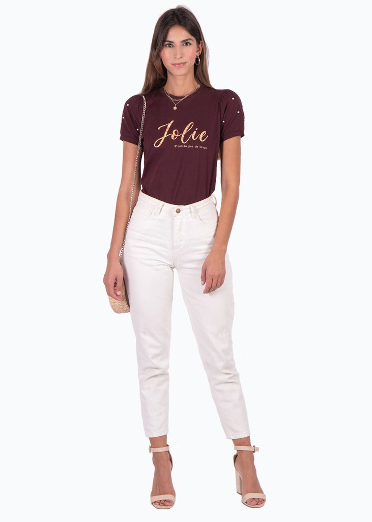 Camiseta con estampado de animal print y perlas en mangas para mujer - Flashy