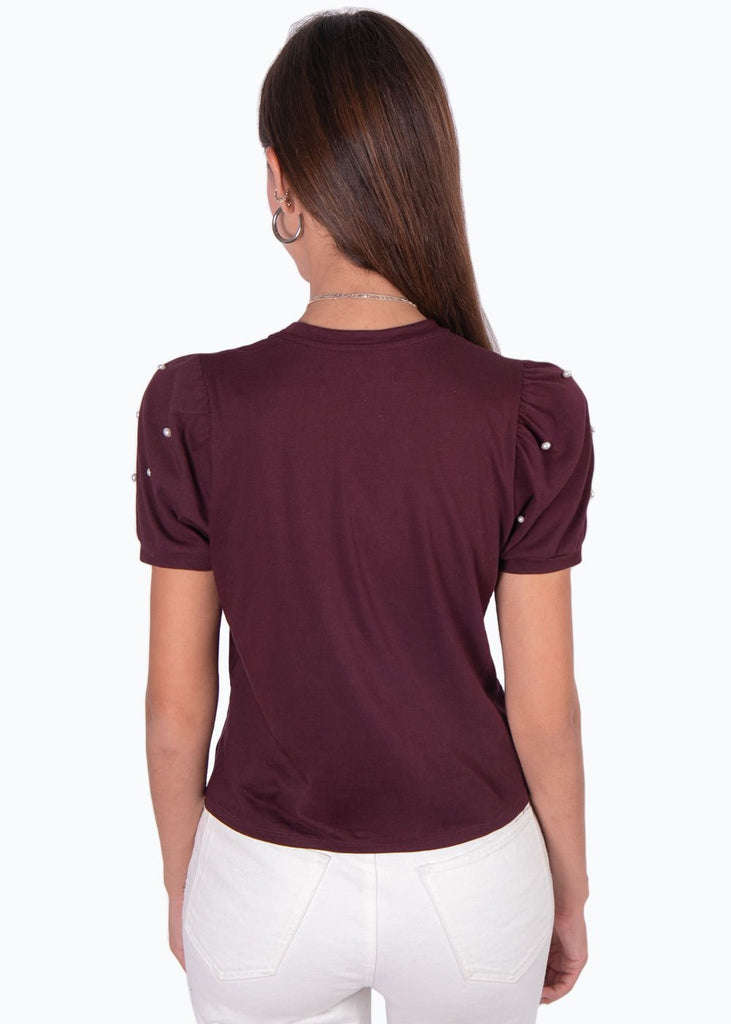 Camiseta con estampado de animal print y perlas en mangas para mujer - Flashy