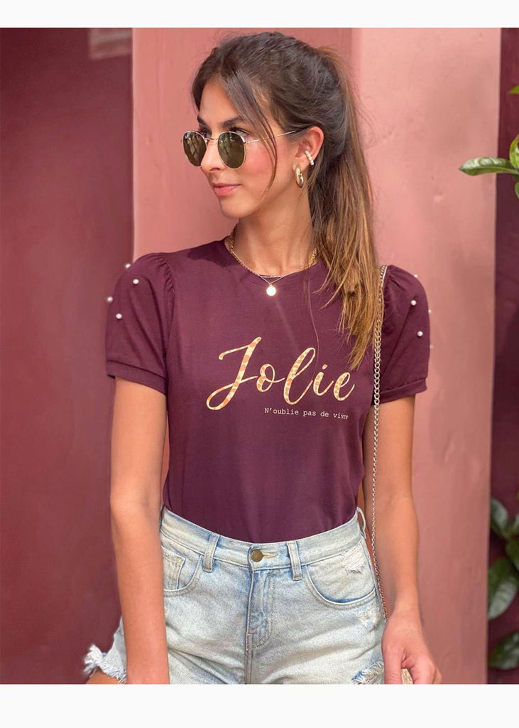 Camiseta con estampado de animal print y perlas en mangas para mujer - Flashy