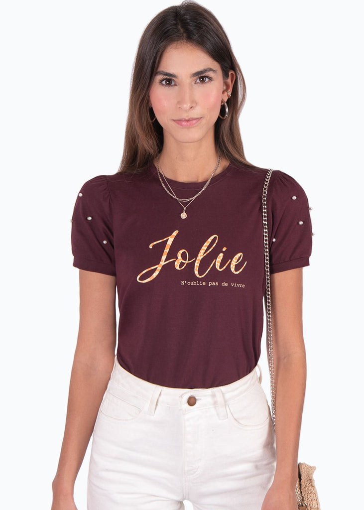 Camiseta con estampado de animal print y perlas en mangas para mujer - Flashy
