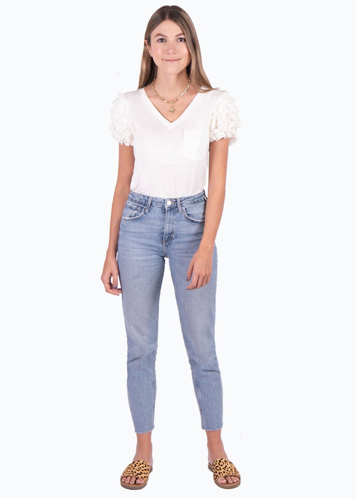 Camiseta con mangas abullonadas de encaje y cuello en v para mujer - Flashy
