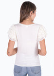 Camiseta con mangas abullonadas de encaje y cuello en v para mujer - Flashy