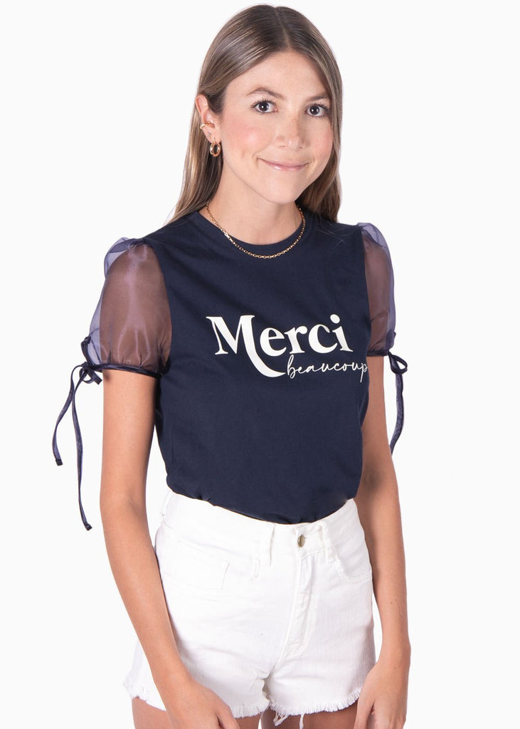 Camiseta con mangas de organza y estampado "Merci" para mujer - Flashy