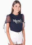 Camiseta con mangas de organza y estampado "Merci" para mujer - Flashy