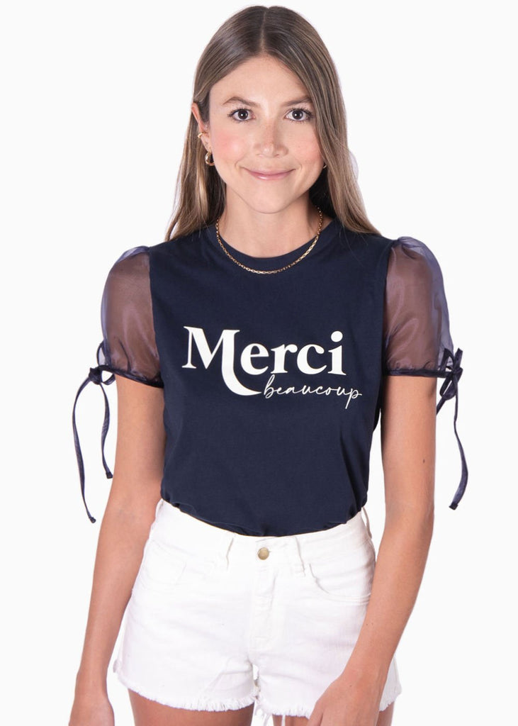 Camiseta con mangas de organza y estampado "Merci" para mujer - Flashy