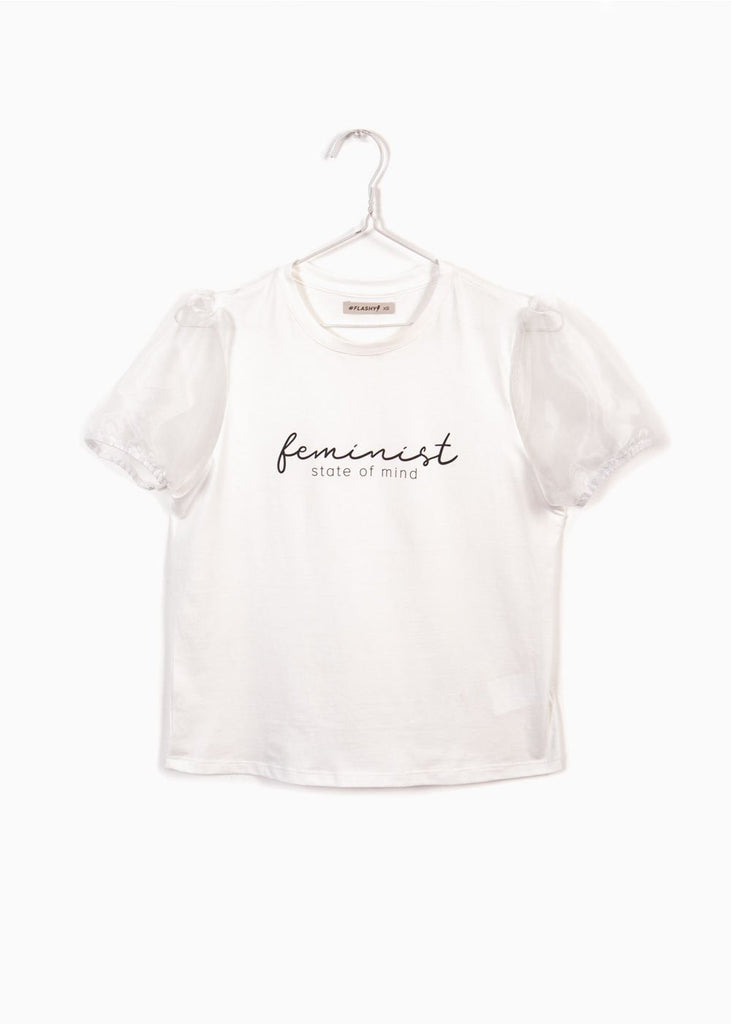 Camiseta con mangas en organza y estampado "Feminist" para mujer - Flashy