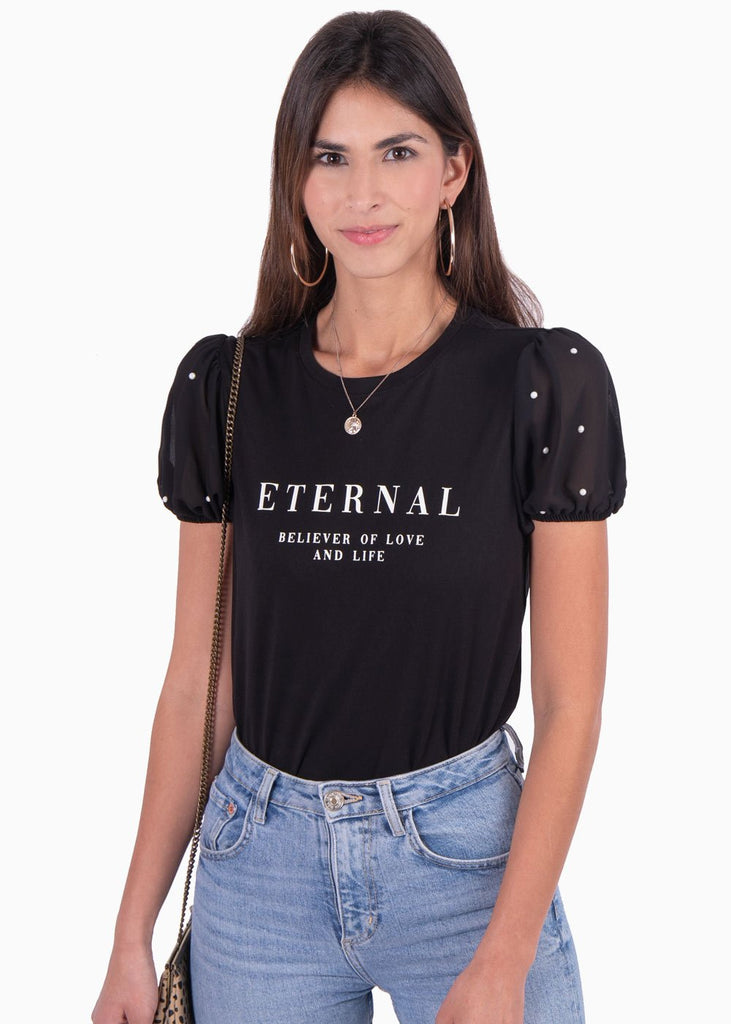 Camiseta estampada "Eternal" con perlas en mangas para mujer - Flashy