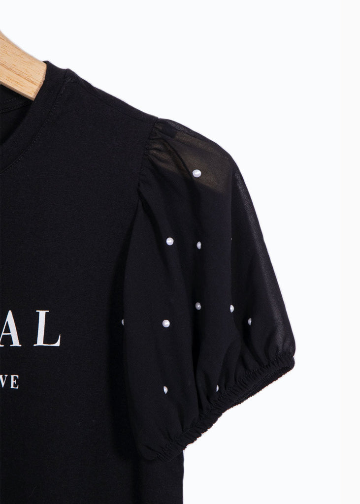 Camiseta estampada "Eternal" con perlas en mangas para mujer - Flashy