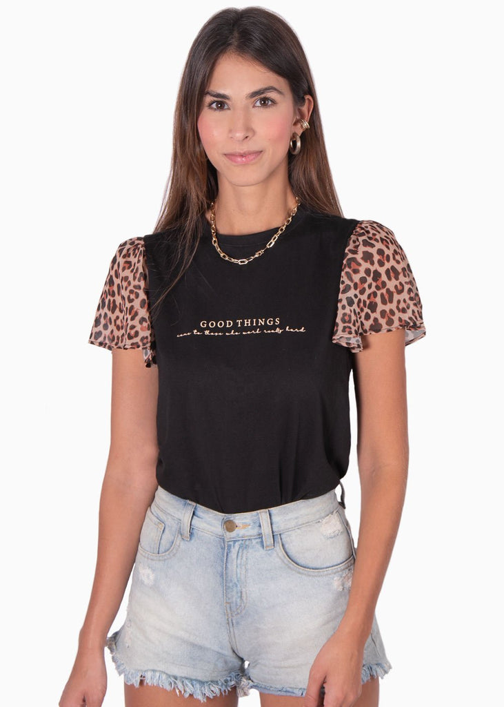 Camiseta estampada con mangas de animal print para mujer - Flashy