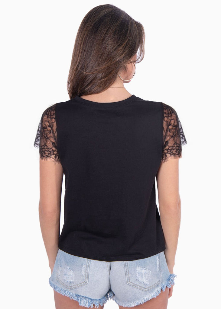 Camiseta estampada con mangas de encaje "Day dreaming forever" para mujer - Flashy
