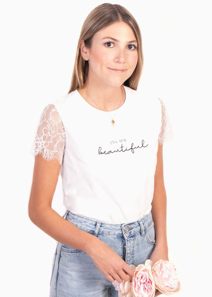 Camiseta estampada con mangas de encaje "You are beautiful" para mujer - Flashy