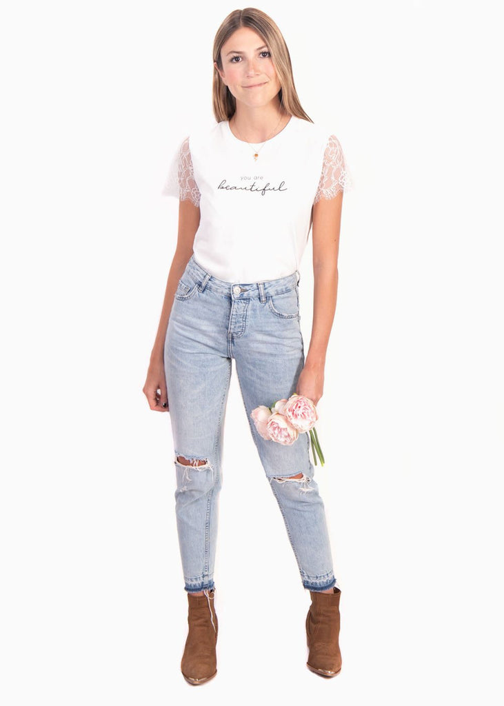 Camiseta estampada con mangas de encaje "You are beautiful" para mujer - Flashy