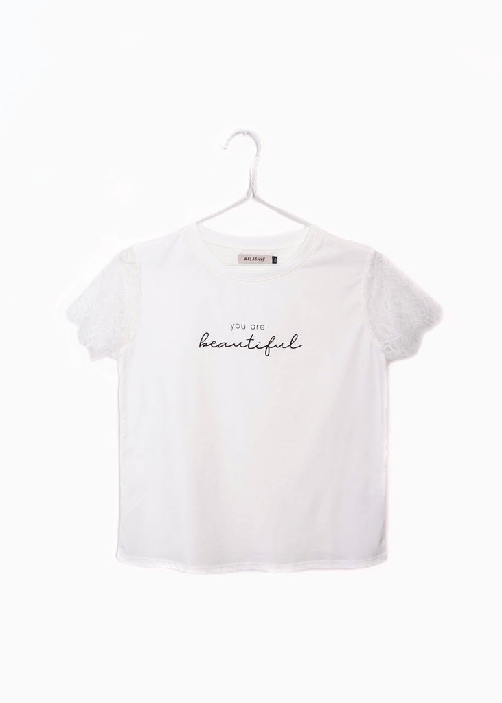 Camiseta estampada con mangas de encaje "You are beautiful" para mujer - Flashy