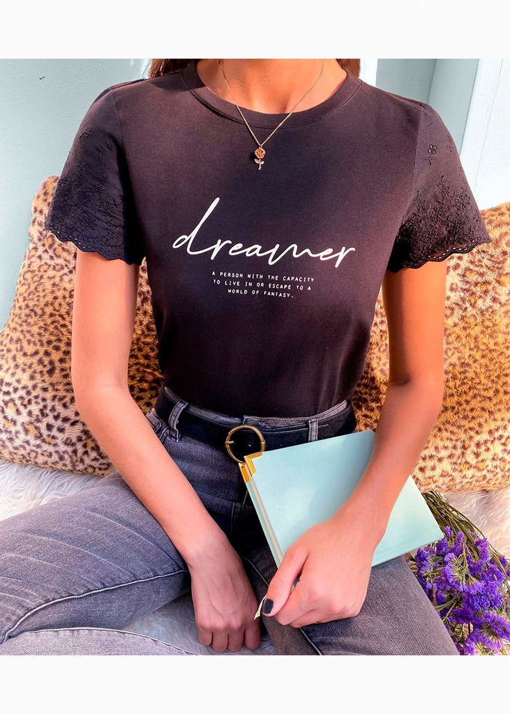 Camiseta estampada con mangas de ojalillo "Dreamer" para mujer - Flashy